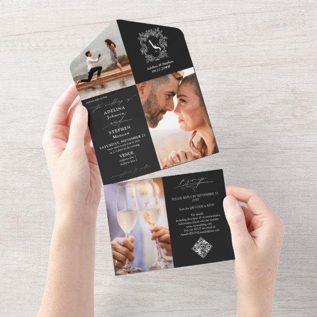 Monogram Crest 3 Photo QR Code Black White Wedding All In One Invitation (Tearaway)
