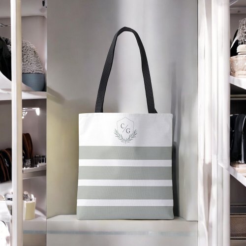 Monogram Crest and Sage Green Stripes Tote Bag