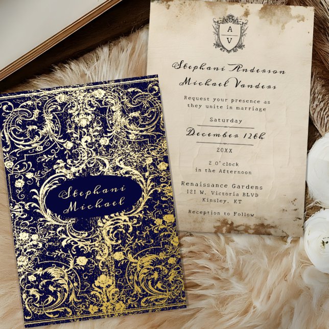 Monogram Crest Antique Scrolled Navy Blue Wedding Foil Invitation (A Gold Foil Wedding Invitation with with scrolled Floral Design and a Antique Vintage look)