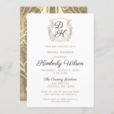 Monogram Crest Black and Gold Bridal Shower Invitation