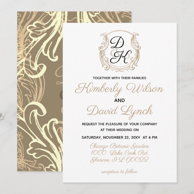 Monogram Crest Black and Gold Vintage Wedding Invitation (Front/Back)