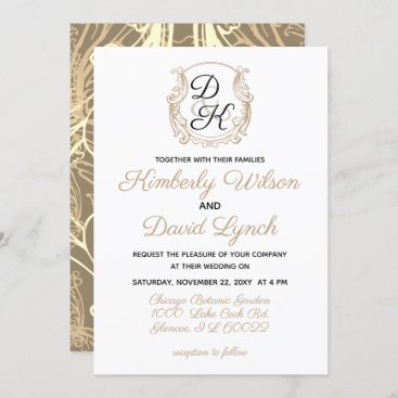 Monogram Crest Black and Gold Vintage Wedding Invitation