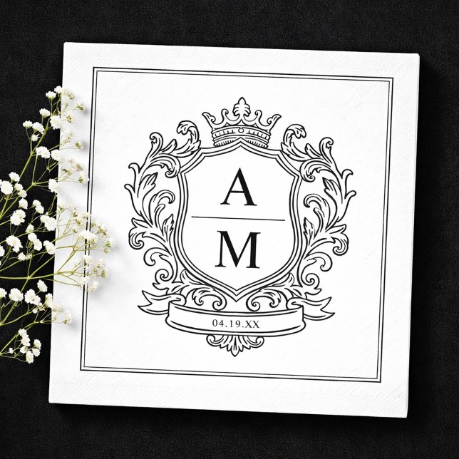 Monogram Crest Black and White Paper Wedding Napkins (Monogram Crest Black and White Paper Wedding Napkins)