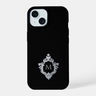 Monogram Crest Black Gray Vintage Elegant Initial iPhone 15 Case