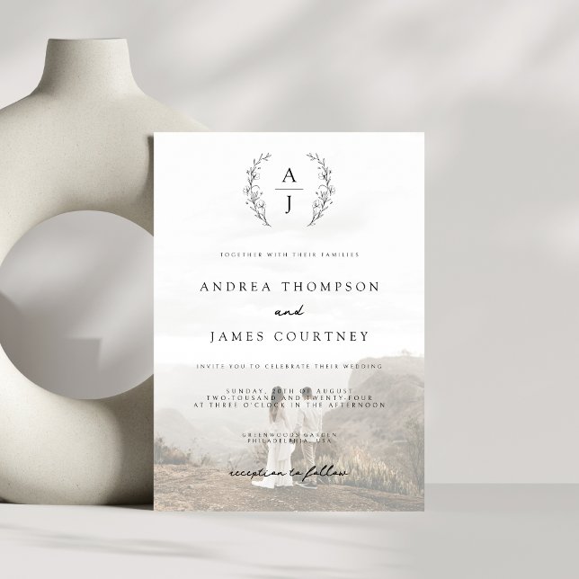 Monogram Crest Black White Photo Overlay Wedding Invitation (Creator Uploaded)