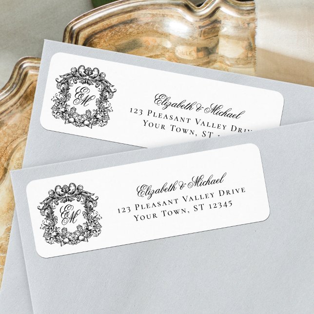 Monogram Crest Black White Wedding Return Address Label (Creator Uploaded)