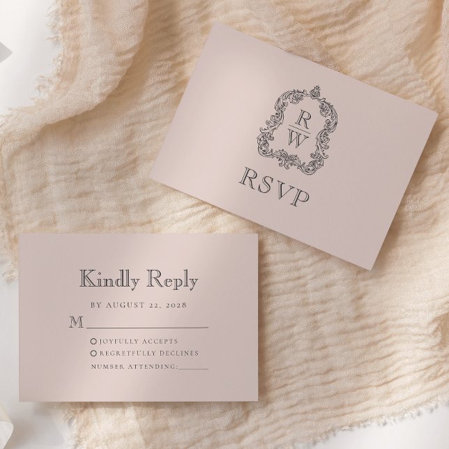 Monogram Crest Blush Pink Wedding RSVP Card (Creator Uploaded)