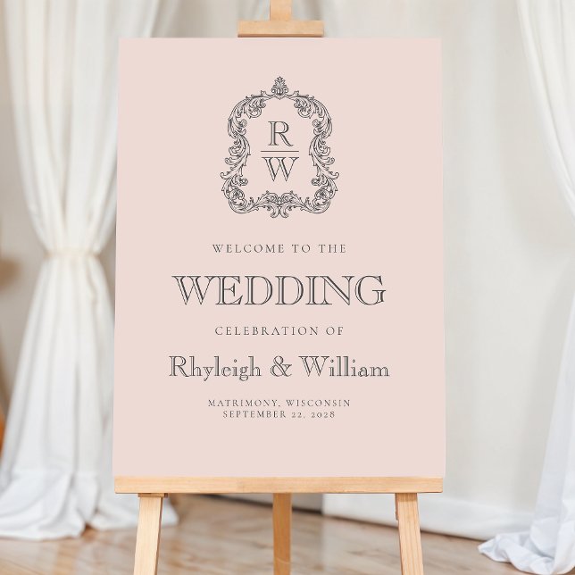 Monogram Crest Blush Pink Wedding Welcome Sign (Creator Uploaded)