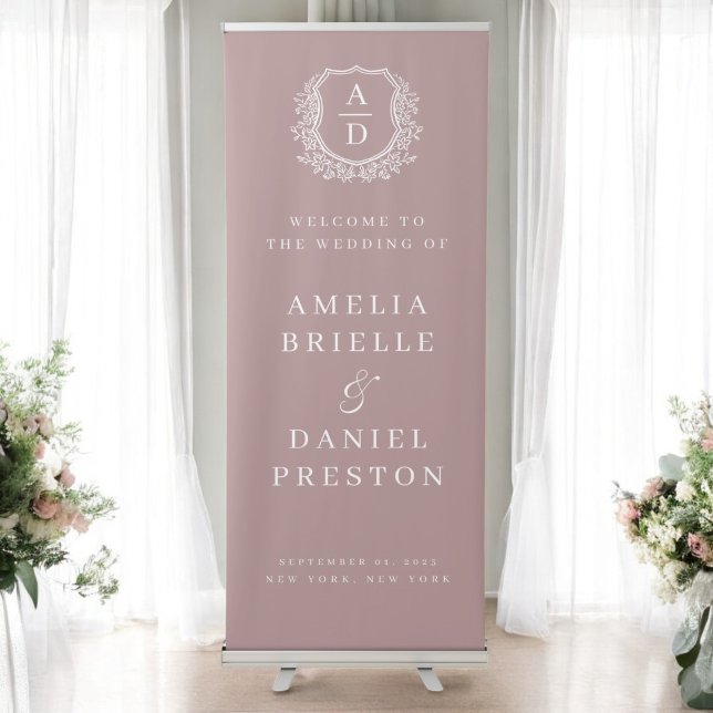 Monogram Crest Botanical Mauve Wedding Welcome Retractable Banner (Creator Uploaded)