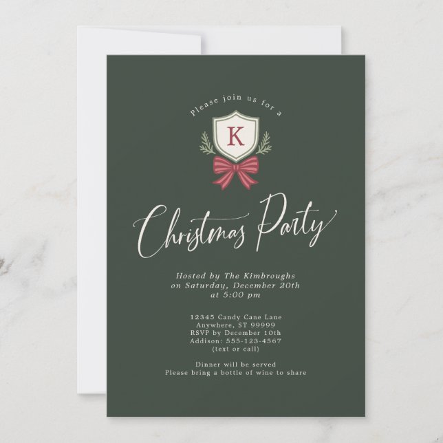 Monogram Crest Bow Christmas Party Invitations (Front)