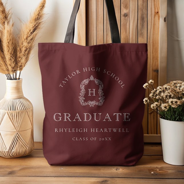 Monogram Crest Burgundy Red White Graduation Tote Bag (Creator Uploaded)