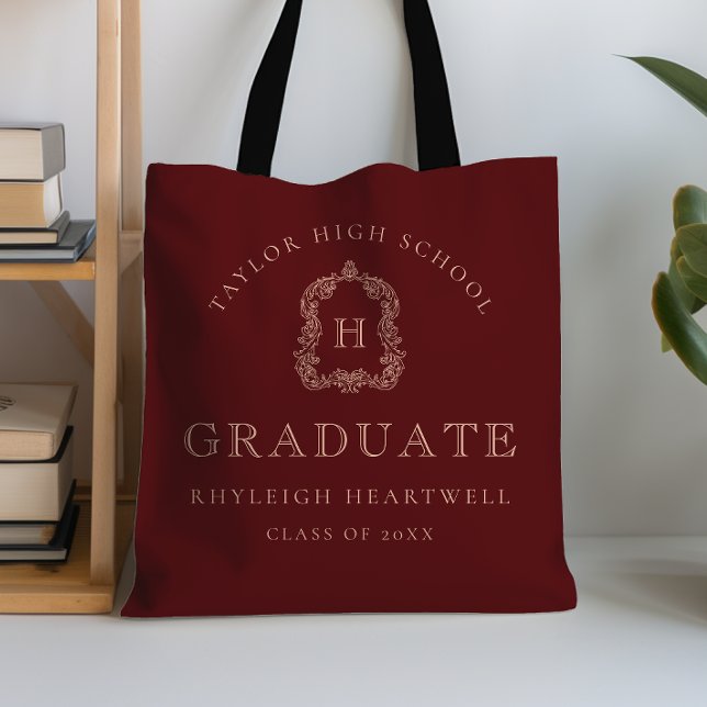 Monogram Crest Burgundy Rose Graduation Tote Bag (Creator Uploaded)
