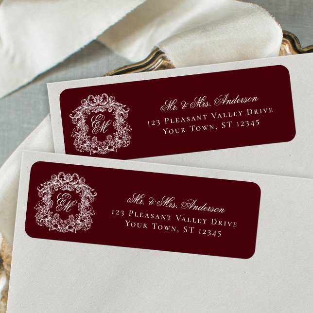 Monogram Crest Burgundy Wedding Return Address Label (Creator Uploaded)