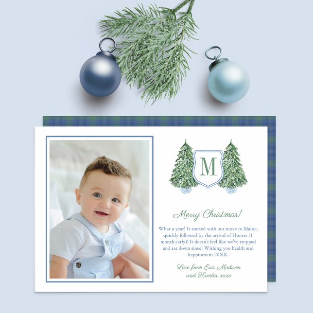 Monogram Crest Christmas Tree Happy Holidays Photo Holiday Card (Minimalist Christmas Tree in Blue And White planter, monogram and family picture, Tartan reverse.)