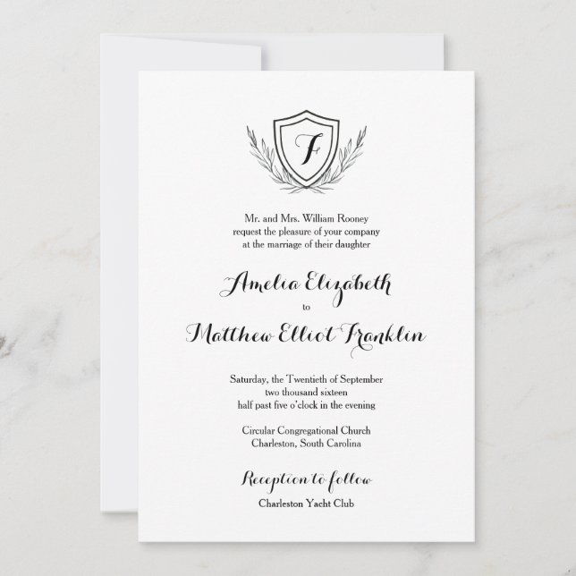 Monogram Crest Classic Elegant Wedding Invitation (Front)