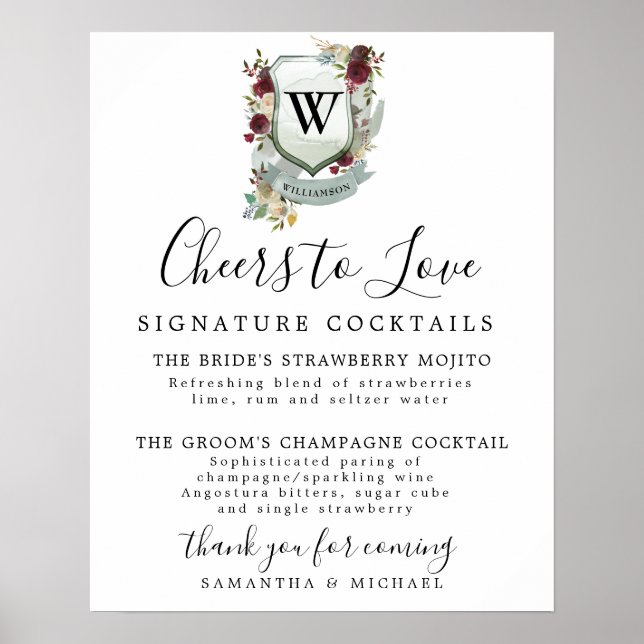 Monogram Crest Cocktail Wedding Bar Sign (Front)