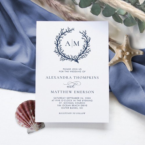 Monogram Crest Coral Beach Wedding Invitation