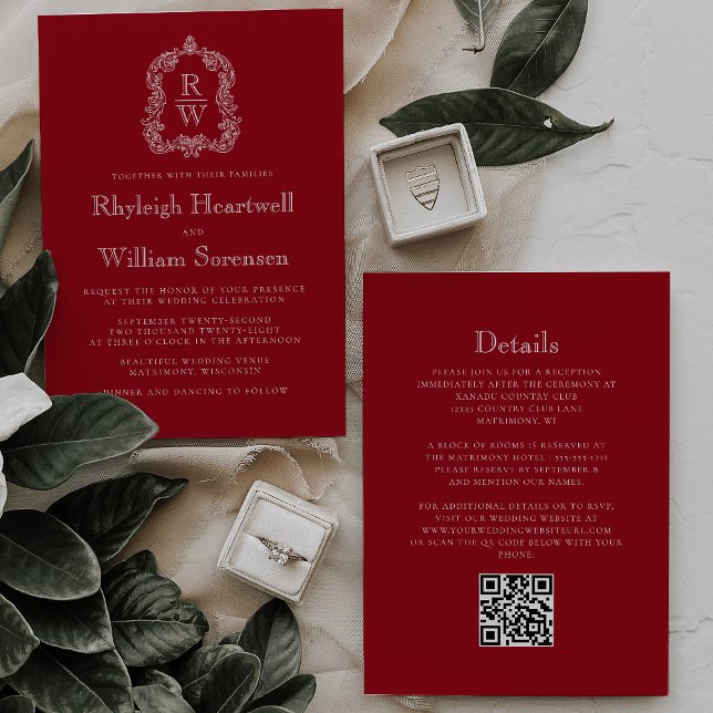Monogram Crest Cranberry Red QR Code Wedding Invitation (Creator Uploaded)