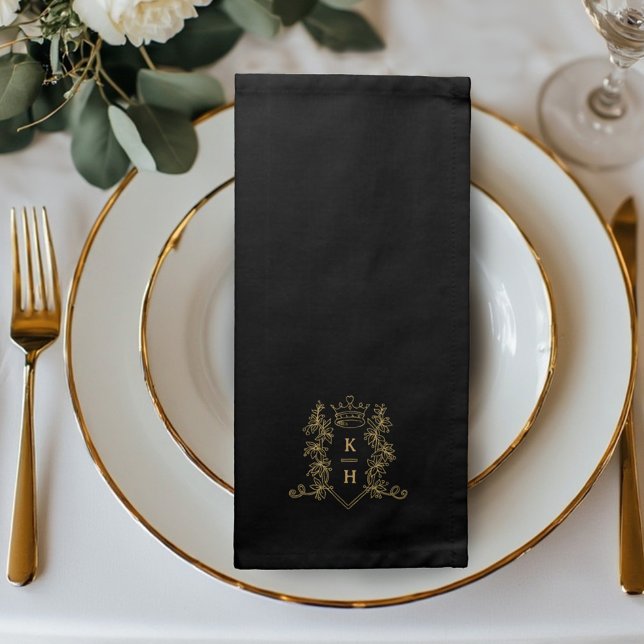 Monogram crest crown gold on black wedding  cloth napkin (Creator Uploaded)