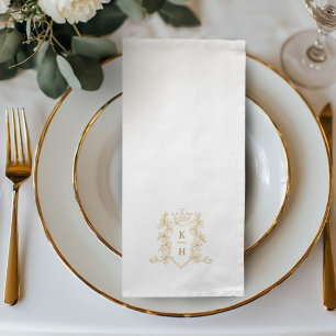 Monogram crest crown gold on white wedding  cloth napkin