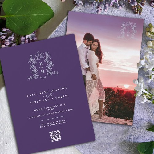 Monogram crest crown purple silver wedding QR code Invitation