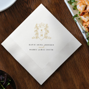 Monogram crest crown white gold black wedding napkins