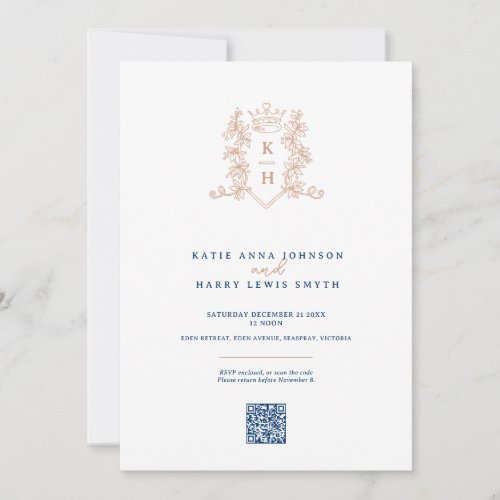 Monogram crest crown white rose gold QR wedding  Invitation