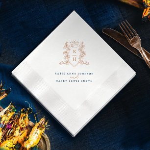 Monogram crest crown white rose gold wedding  napkins