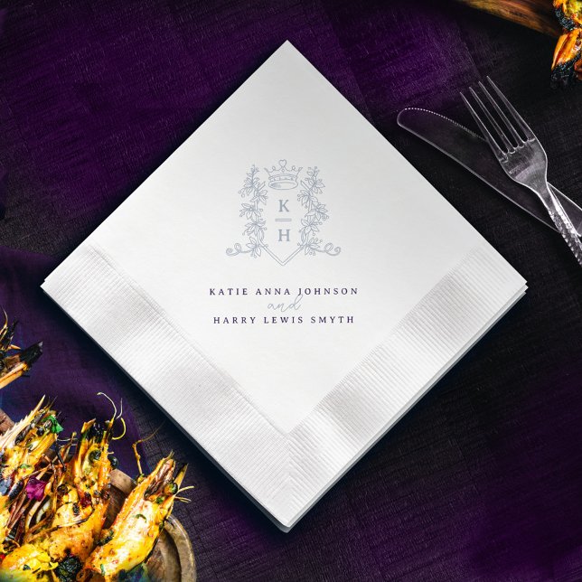 Monogram crest crown white silver purple wedding  napkins (Creator Uploaded)