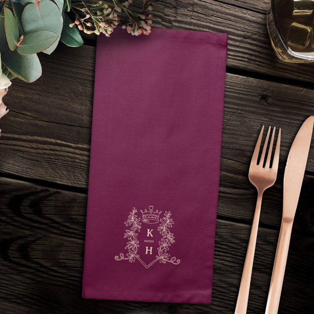 Monogram crest crown wine red peach wedding  cloth napkin (Creator Uploaded)