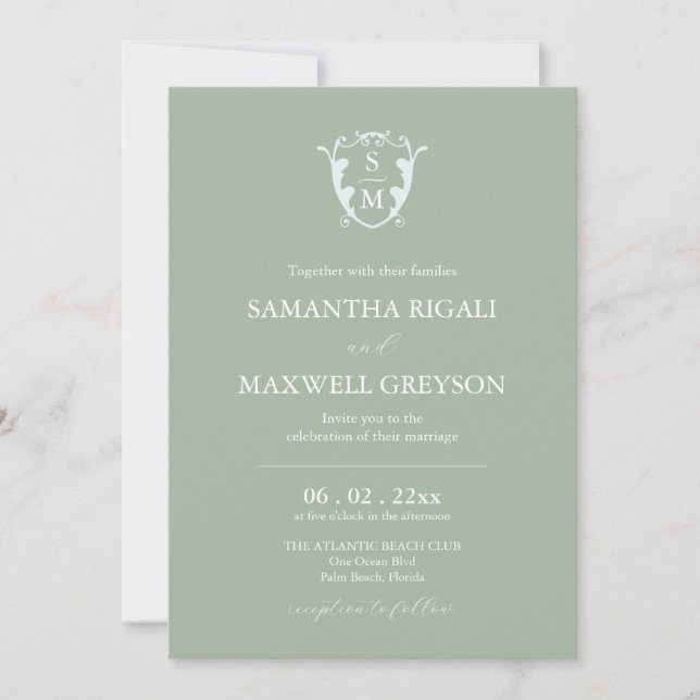 Monogram Crest Customizable Sage Green Wedding Invitation (Front)