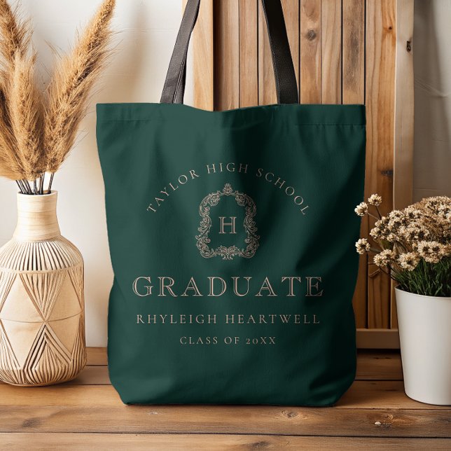 Monogram Crest Dark Green Rose Graduation Tote Bag (Creator Uploaded)