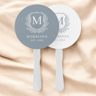 Monogram Crest Dusty Blue Botanical Wedding Hand Fan
