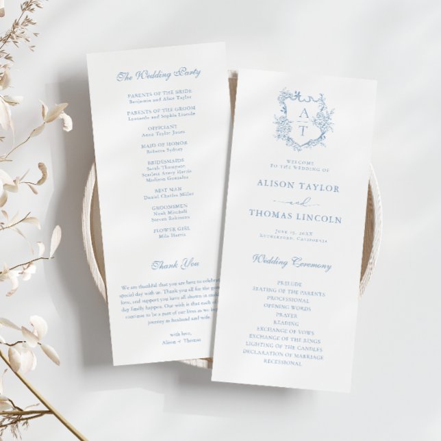 Monogram Crest Dusty Blue Wedding Program Card (Creator Uploaded)