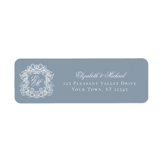 Monogram Crest Dusty Blue Wedding Return Address Label (Front)