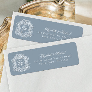 Monogram Crest Dusty Blue Wedding Return Address Label