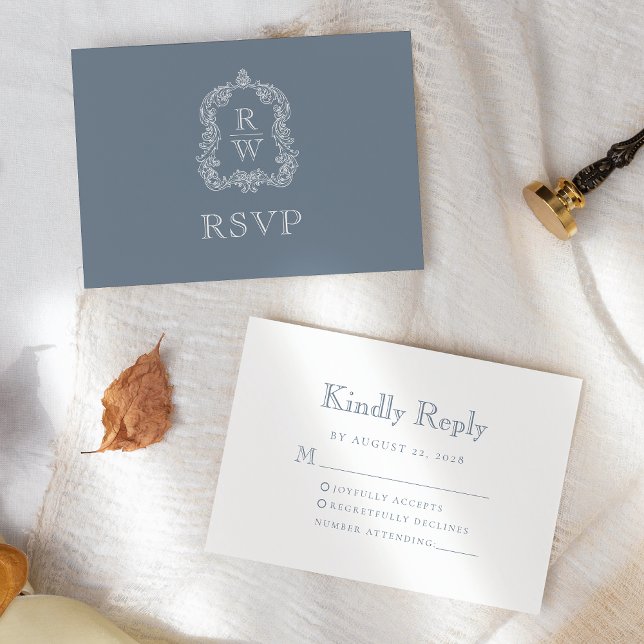 Monogram Crest Dusty Blue Wedding RSVP Card (Creator Uploaded)