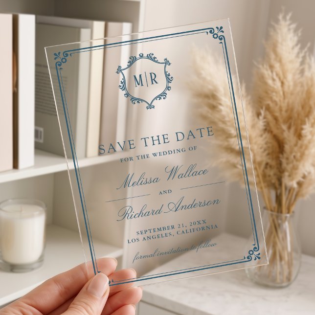 Monogram Crest Dusty Blue Wedding Save the Date (Creator Uploaded)