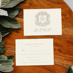 Monogram Crest Elegant Ivory Meal Choice Wedding RSVP Card