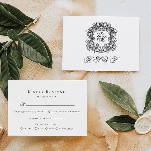 Monogram Crest Elegant Menu Wedding RSVP Card