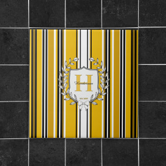 Monogram Crest Elegant Yellow Stripe Family Name Ceramic Tile
