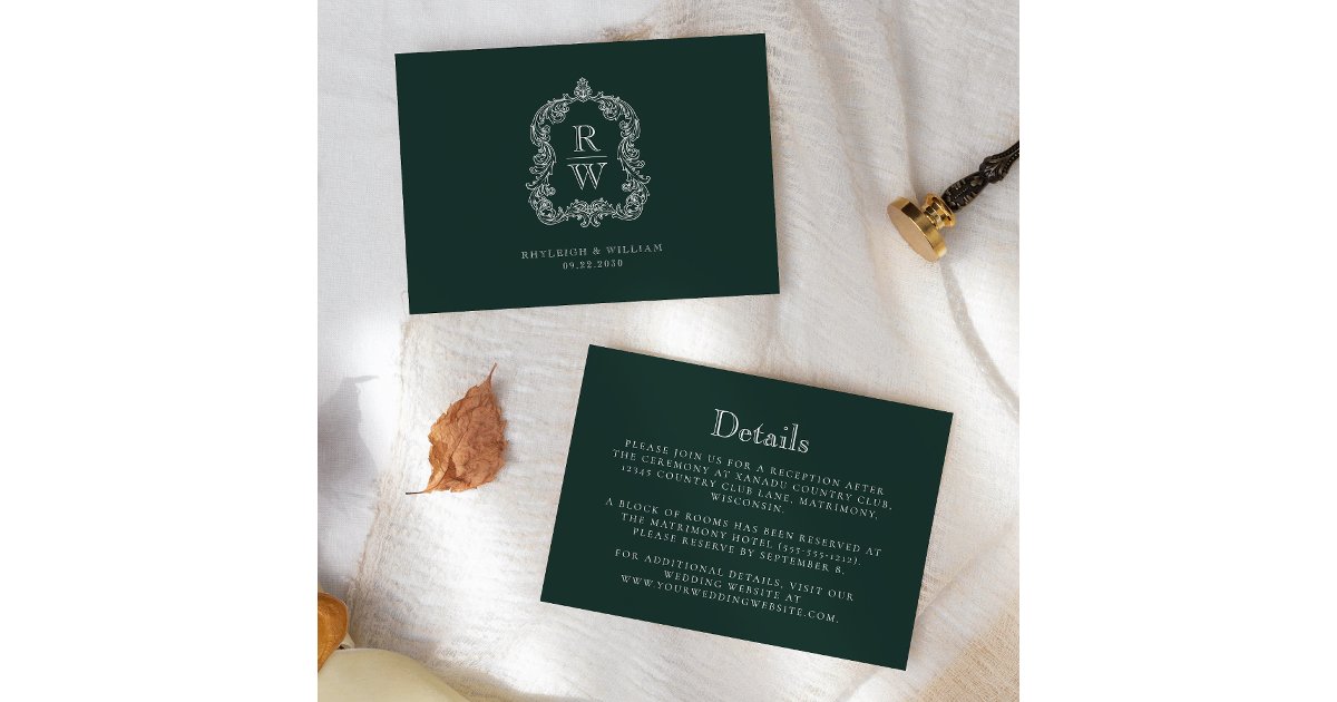 Monogram Crest Forest Green Wedding Details Enclosure Card | Zazzle