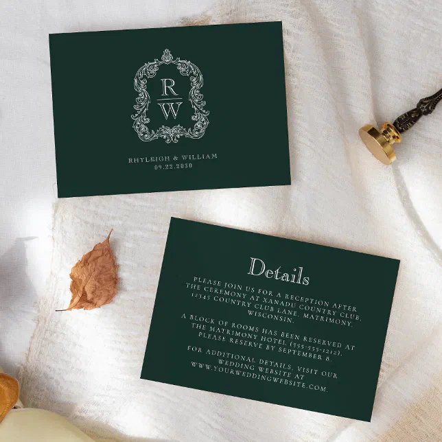 Monogram Crest Forest Green Wedding Details Enclosure Card | Zazzle