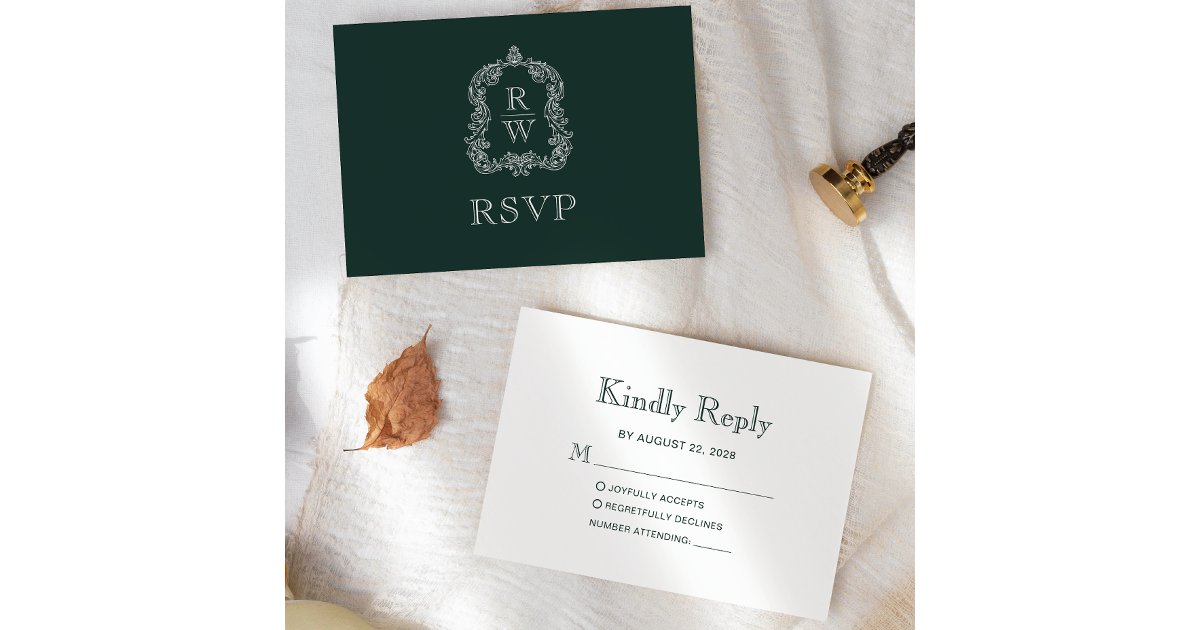 Monogram Crest Forest Green Wedding RSVP Card | Zazzle