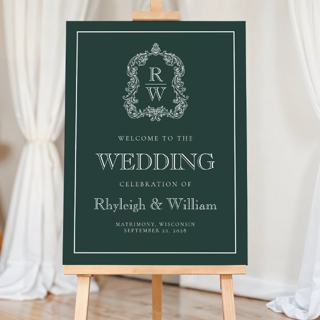Monogram Crest Forest Green Wedding Welcome Sign (Creator Uploaded)