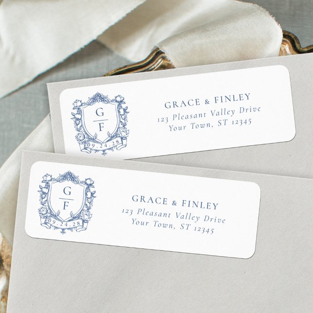 Monogram Crest French Roses Blue Wedding Address Label (Creator Uploaded)