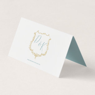 Monogram Crest Gold blue Wedding Place Cards