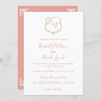 Monogram Crest Gold blush Wedding Invitation