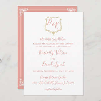 Monogram Crest Gold blush Wedding Invitation
