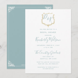 Monogram Crest Gold Dusty blue Bridal Shower Invitation